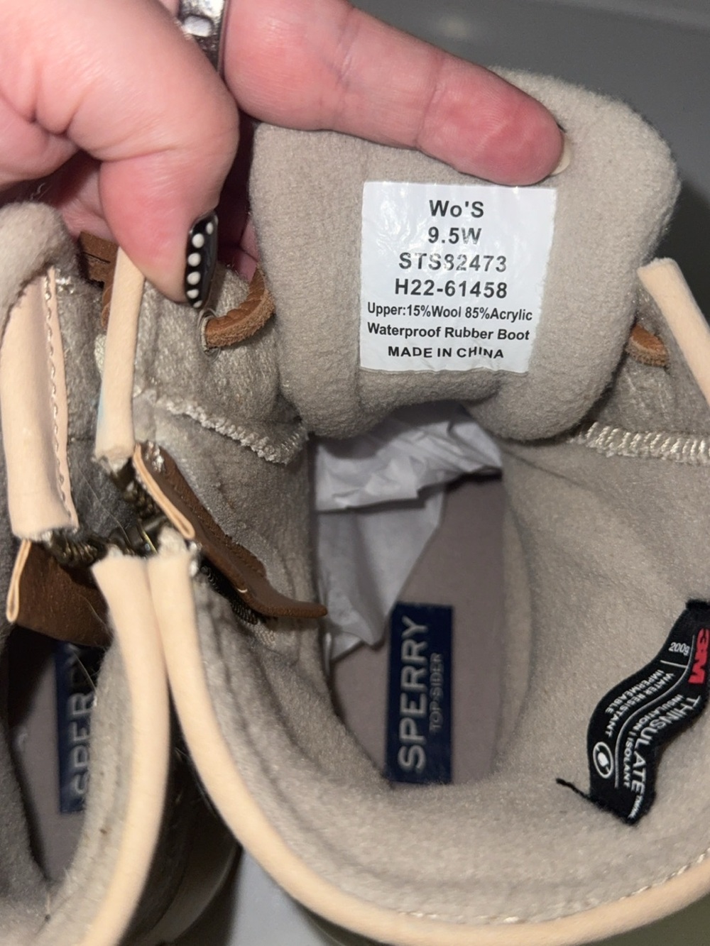 Sperry Beige Wool Cuff Duck Boots with Brown Laces - Picture 4 of 4